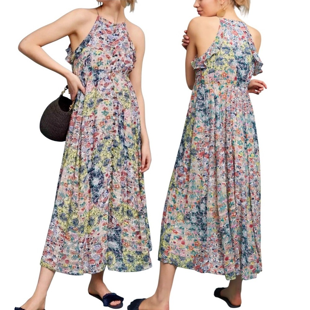 Anthropologie Meadow Rue Allerton‎ Floral Halter Maxi Dress Boho M